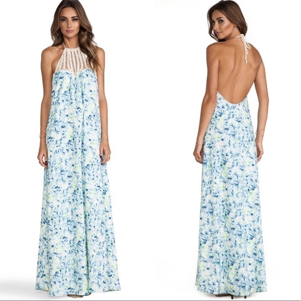 Lovers + Friends Mahalo Crochet knit halter Maxi Floral Print Dress Sz XS